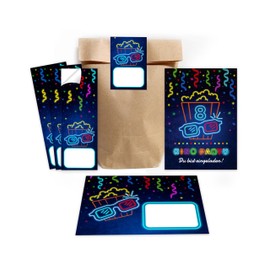 Minkocards 12 Invitation Cards for 8th Children's Birthday Cinema Girls Boys Invitations Eighth Birthday Including 12 Envelopes, 12 Party Bags / Natural, 12 Stickers Invitation Set