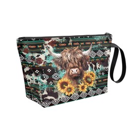 Viewamoon Western Travel Toiletry Bag for Women Hanging Makeup Bag Cosmetic Purse Highland Cow Make Up Brush Holder Organizer Sunflower Purse Lipstick Pouch Zipper for Summer Beach Holiday Outdoor