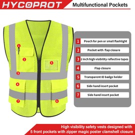 HYCOPROT Safety Vests High Visibility Reflective Vest Executive Manager Jacket Zip 2 Band Brace, Yellow mesh
