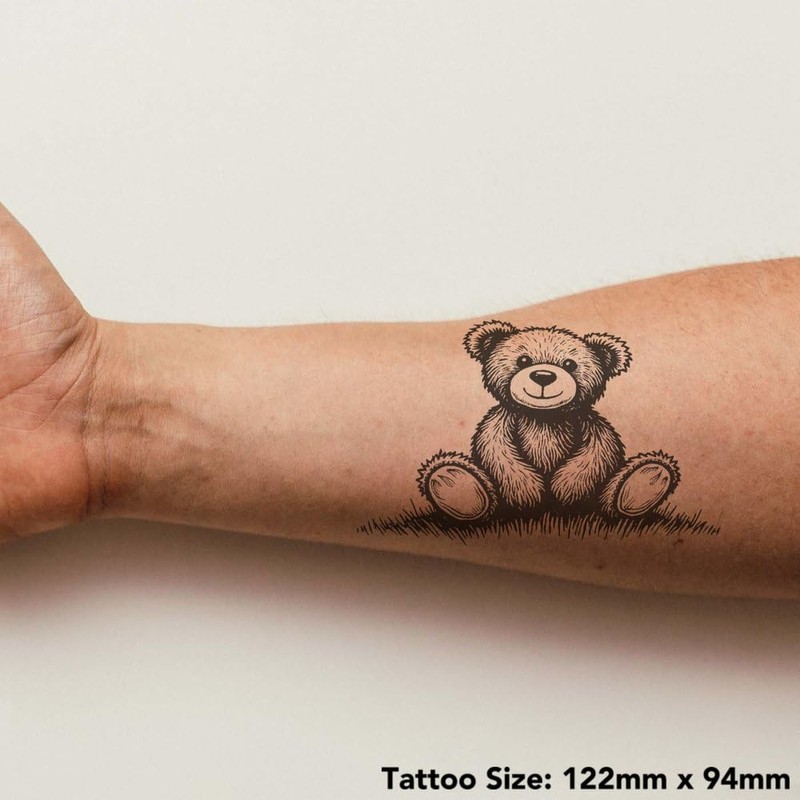 Azeeda 'Teddybär sitzt auf Gras' Temporäres Tattoo - Hautfreundlicher &