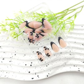 Almond Press on Nails Short Black French Tip Nails Press ons with Black White Flower Design Glue on Nails Nude Full Cover Fake Nails Glossy Acrylic False Nails Artificial Glue on Nails for Girls 24Pcs