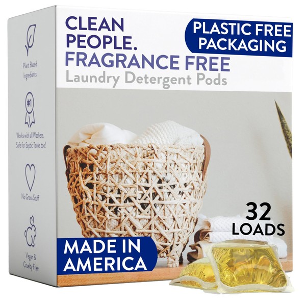 Clean People Laundry Detergent Pods - Recyclable Packaging, Hypoallergenic, Stain Fighting - Ultra Concentrated, Laundry Soap - Fragrance Free, 32 Pack