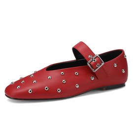 COVIBESCO Stylish Mary Jane Studded Flats for Women Comfortable Ballet Buckled Ballerina Shoes for Work, Office, Party, or Daily Shoes (Red,9.5)
