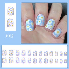Flower Press on Nails Short Square Fake Nails Blue Pink False Nails with Cute Daisys Designs Full Cover Stick on Nails Glue on Nails Summer Nails Acrylic Nails for Women Girls 24 Pcs