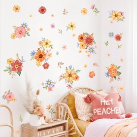 Tanlaby Boho Daisy Flowers Wall Stickers Watercolor Floral Wall Decals Peel and Stick Bohemian Wildflowers Art Decor for Girls Bedroom Living Room Wardrobe