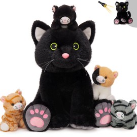 MorisMos Big Black Cat Teddy Soft Toy, 40cm Mom with 4 Cuddly kittens Baby Inside, Giant Fluffly Plush Cat, Realistic Kawaii Stuffed Animal Gift for Kids Birthday Deco