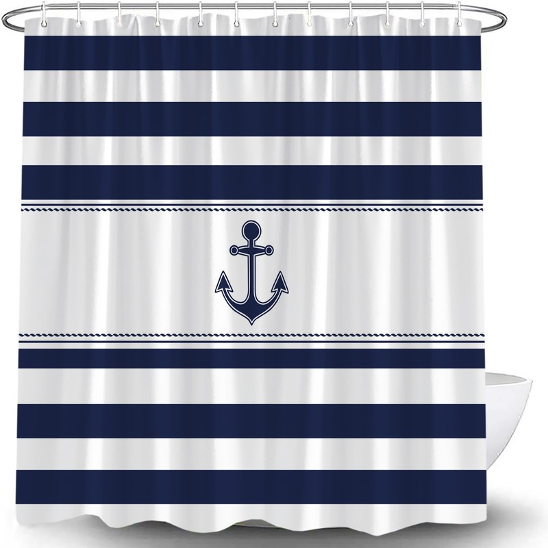 XHUUXH Nautical Anchor Shower Curtain Navy Blue White Striped Beach