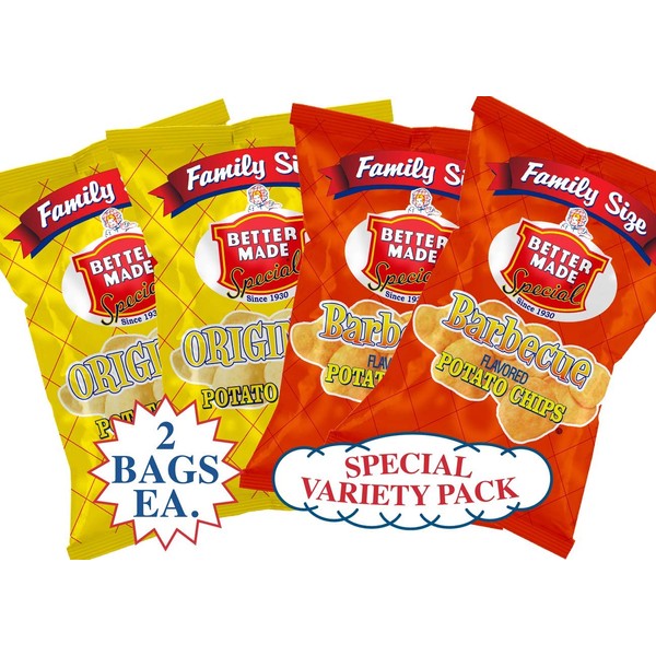 Better Made Special Original & BBQ Potato Chips Variety Pack (4) x Family Size Bags 9.5oz (Pack of 4) - Crispy, Crunchy, Salty Snacks Made From Fresh Potatoes - Gluten Free - Family Owned and Operated