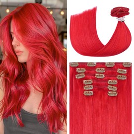 UGOTRAYS Red Hair Extensions Real Human Hair, Clip in Hair Extensions 70g 7pcs 20 inch,Soft & Natural Straight Double Weft Remy Hair for Women #Red