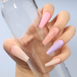 Yheakne Extra Long Coffin Press on Nails Glossy Ballerina Rainbow Fake Nails Jump Colorful Press Nails Art Fashion Full Cover Acrylic Artificial False Nails Tips for Women and Girls 100Pcs (Style A)