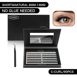 【Super Natural】Cofier DIY Lash Kit 8-14 mm Press on Lash No Glue Lash Self-Adhesive No Glue Needed - Friendly Eyelashes Set with Tweezers (80/100 Pcs):_Short Fairy(8-14mm/80 PCS)