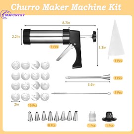Churro Maker Machine Kit - Stainless Steel Churro Gun with 8 Piping Nozzles, 16 Discs, 1 Brush & Piping Bag, Multifunctional Cookie Press for Homemade Churros, Donuts, and Pastries