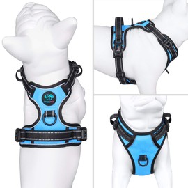 PHOEPET No Pull Dog Harnesses for Small Puppies Reflective Adjustable Front Clip Vest with 2 Metal Leash Attachment Hooks Soft Handle(S, Blue)