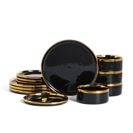 Christian Siriano Solene Stoneware Dinnerware, 12-Piece Plates and Bowls Set, Dish Set for 4, Black with Gold Rim, Glossy Finish, Hand Wash Only