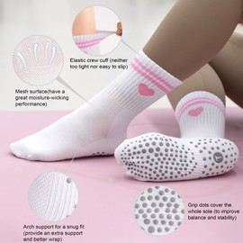 Toes Home Pilates Socks for Women with Non Slip Grippers, Yoga Crew Socks for Barre Hospital Sticky Slipper Socks 4 Pairs Pink Heart Valentine's Day