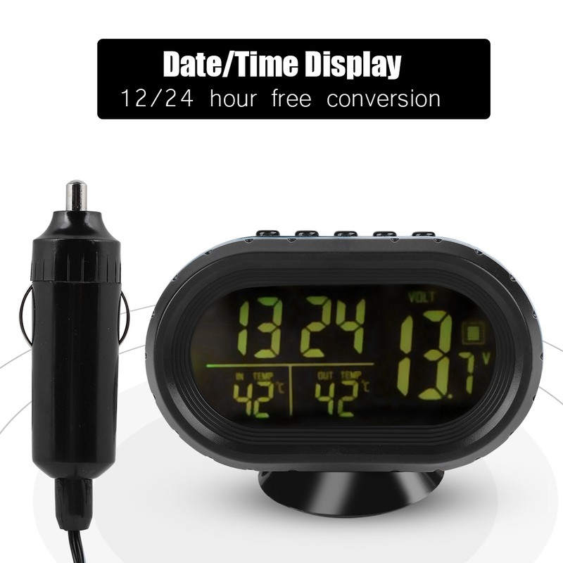 Luminous Clock Car Thermometer Temperature Display Voltage Monitor 12/24H Black