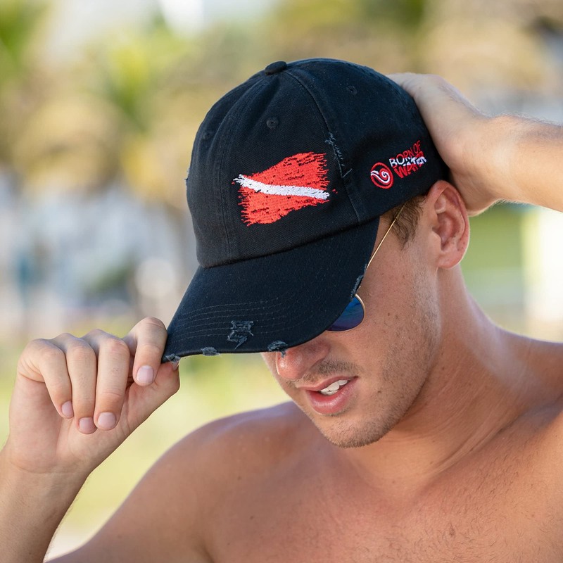 Born of Water Scuba Dive Flag Distressed Hat: Mens Low