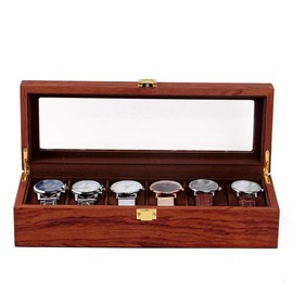 YIYIBYUS Jewelry Watch Box for Men, 6 Slot Watch Case Display Box, Wood Large Watch Display Case Organizer with Glass Window Top, Small Watch Holder Box Watch Storage Stand