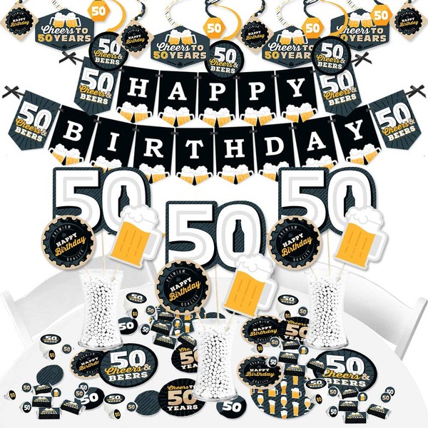 Big Dot of Happiness Cheers and Beers to 50 Years - 50th Birthday Party Supplies - Banner Decoration Kit - Fundle Bundle