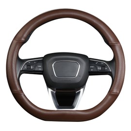 Cxtiy D Shaped Steering Wheel Cover, Genuine Leather Flat Bottom Stearing Wheel Cover Luxury Car Accessories 14 1/2-15 inch (Brown)