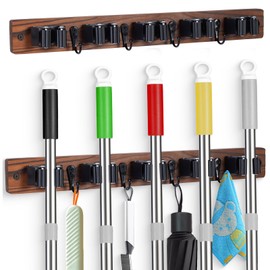 2 PACK Broom Holder Wall Mount With 5 Slots & 4 Hooks，Rustic Wood Broom & Mop Hanger，Wall Mounted Garden & Garage Tool Storage Organizer Rack for Closet Laundry Room or Kitchen Wall Decor