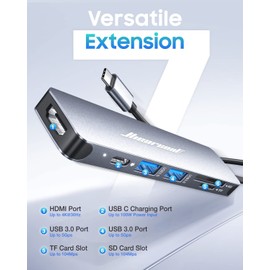 Hiearcool USB C Hub for MacBook – 7-in-1 USBC Adapter with 4K HDMI, 100W PD, USB 3.0 5Gbps Ports, SD/TF Card Reader – USB-C Dongle for Office, Meetings, Travel & Home Setup-Space Grey