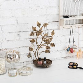 MyGift 14-Inch Bronze-Tone Tree & Bird Nest Earring Stand Jewelry Tower with Ring Trinket Organizing Tray