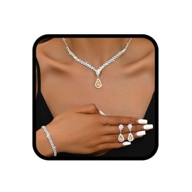 Reaky Bridal Jewelry Sets Silver Rhinestone Necklaces 3 Pcs Crystal Necklace Jewelry Set Bride Wedding Accessories for Women (Champagne)