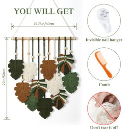 KHOYIME Macrame Wall Hanging Boho Home Decor, Bohemian Leaves Woven Yarn Tapestry Chic Aesthetic Wall Art Modern Handmade Leaf Hanging Decoration for Bedroom Living Room Nursery Office 15.7''W x 20''L