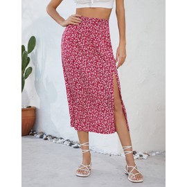 KOJOOIN Women's Skirt with Slit, A-Line Floral Midi Skirt, Boho Split Flower Skirt, Floral Beach Skirt, Floral Casual Skirt, High Waist Print Skirts (Reusable Packaging), A-flower-red