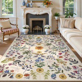 LIVEBOX Floral Washable 5x7 Area Rugs, Beige Rug for Living Room, Non Slip Rugs for Bedroom, Boho Botanical Indoor Throw Dining Room Carpet for Under Table Entryway Home Office Decor(Beige,5x7)