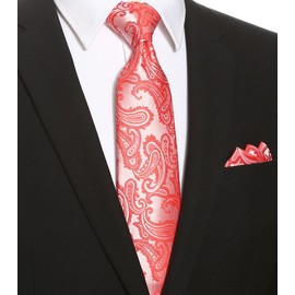 KissTies Mens Tie Set Coral Red Paisley Necktie + Pocket Square