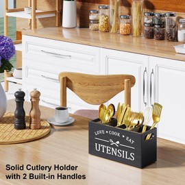 Kitchen Utensil Holder with 4 Compartments, Wood Large Silverware Caddy Counter for Party, Black Wooden Utensils Organizer for Kitchen Countertop, Wall Mounted Cooking Spatula, Cutlery,Flatware Holder