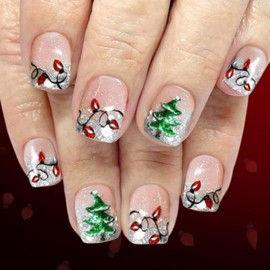 Christmas Press on Nails Short Square Fake Nails with Christmas Tree Design Rattan Nails Press ons Glossy Sliver Glitter Glue on Nails Winter Xmas Holiday Acrylic Nails for Women 24Pcs