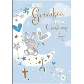 Grandson Christening Congratulations Card - Special Grandson - Rabbit and Moon Design - Special Finishes and Illustrated Insert Leaf - Made in the UK