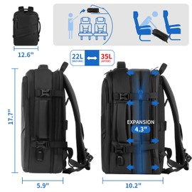 Archimas Travel Backpack Carry On Flight Approved,35L Black Expandable Travel Backpack for Men and Women, Multifunctional 17 inch Business Laptop Backpack with Usb Port