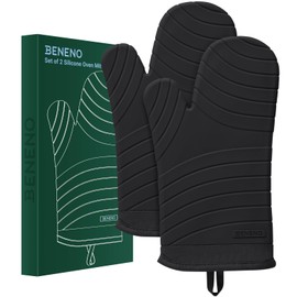Beneno Premium Silicone Oven Mitts 2-Pack Heat Resistant 500°F, Soft Flexible Non-Slip Grips, BPA-Free & Waterproof Oven Mitts with Comfort Cotton Lining for Baking, Grilling, Cooking, 7"x13", Black
