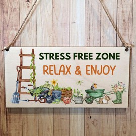 Second Ave Funny Garden Stress Free Zone Wooden Hanging Gift Rectangle Garden Sign Plaque