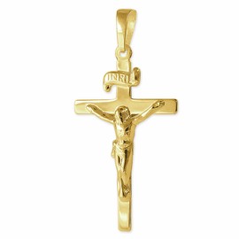 CLEVER SCHMUCK Goldener Anhänger Jesus Kreuz 25 mm INRI Flache Elegante Form und glänzend 333 Gold 8 Karat