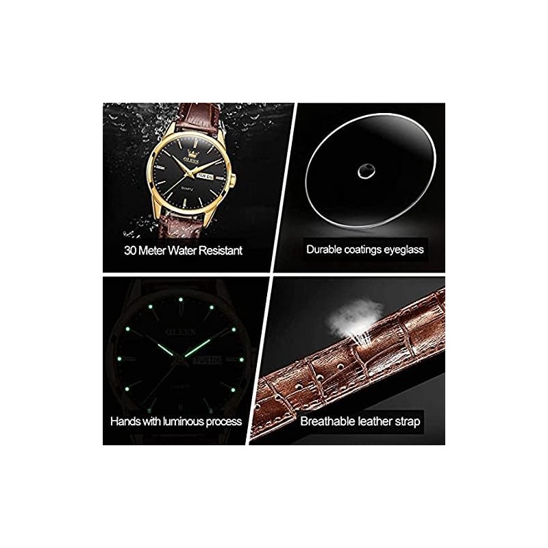 OLEVS Men Watch Brown Leather Strap Large Black Face Analog