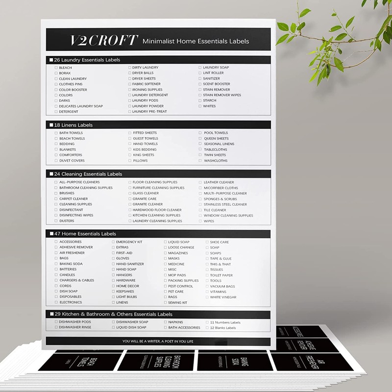 v2croft 144 Minimalist Laundry Room Labels Set, Water Resistant Stickers,
