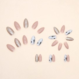 JUSTOTRY Pack of 24 Marble Stiletto Nails for Gluing, Short, Nude French Artificial Nails, Glitter Almond Artificial Nails, Press On Nails, Acrylic Fingernails, Fake Nails, Medium for Women
