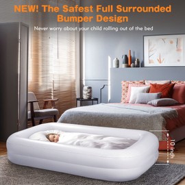 USHMA Toddler Travel Bed [4-Side] | Reversible 2 Colors Kids Air Mattress | Inflatable Toddler Bed | Portable Kids Blow Up Travel Bed with Sides, Orange & Aquamarine