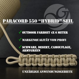 Ganzoo Paracord 550 Set, (4 x 6 Metres) Outdoor Rope 4 mm Cord, Type 3-7 Inner Strands, Nylon & Polyester, All-Purpose Rope for Camping & Survival, Dog Collar & Dog Lead (Black, Green, Sand, Camo)