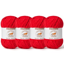 4 Pack Red Fluffy Velvet Yarn for Crocheting, Chunky Chenille Baby Blanket Yarn for Crochet, Soft Fuzzy Puzzle Yarn for Knitting, (100g/3.53oz Each) Bulky Thick Amigurumi Crochet Yarns