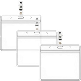 Horizontal Name Tag Holders and Metal Badge Clips with Vinyl Strap Waterproof PVC ID Card Holder (Horizontal 2.36x3.74 3PACK)