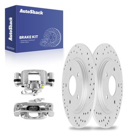 AutoShack 12.01" (305 mm) Rear Solid Drilled & Slotted Brake Rotors Coated + Calipers Replacement for 2008-2016 Dodge Grand Caravan Silver Matte Finish 4-PC Brake Kit TurboGuard