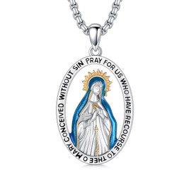 MEIDERBO Virgin Mary Necklace 925 Sterling Silver Our Lady of Guadalupe Medal Pendant Mother Mary Religious Amulet Jewelry Christian Gifts for Men Women