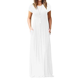 VIISHOW Women's Short Sleeve Loose Plain Maxi Dresses Casual Long Dresses with Pockets (White Large)