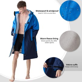 NUMWELL Oversized Waterproof Swim Parka Hoodie Unisex Long Sleeve Changing Robe for Beach Pool Surf Warm Sherpa Fleece Lined(Blue/Navy)